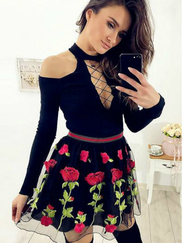 Black Jersey Long Sleeve Embroidery Homecoming Dresses,BD0182