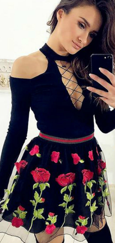 Black Jersey Long Sleeve Embroidery Homecoming Dresses,BD0182