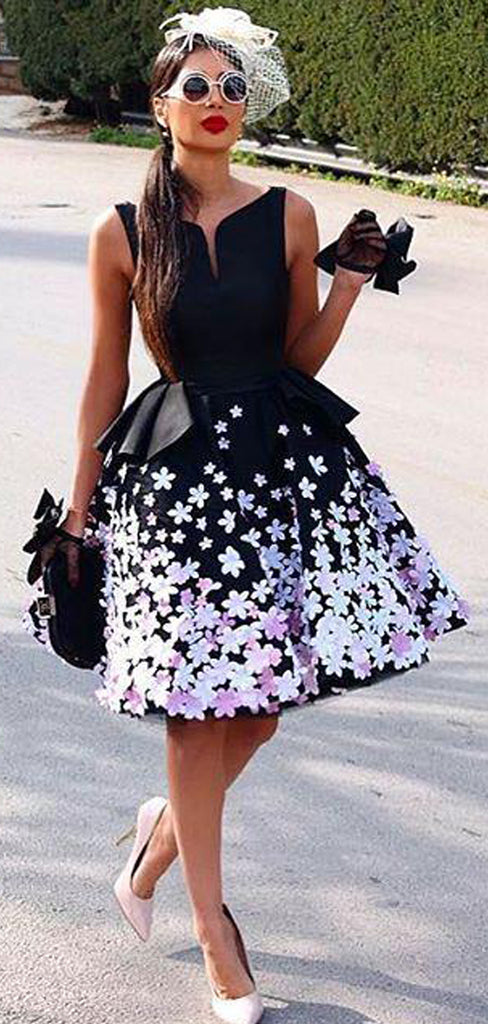 Black Satin Pink Floral Appliques Homecoming Dresses,BD0189