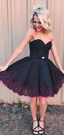 Black Satin Pink Tulle Lace Hemline Strapless Homecoming Dresses,BD0206