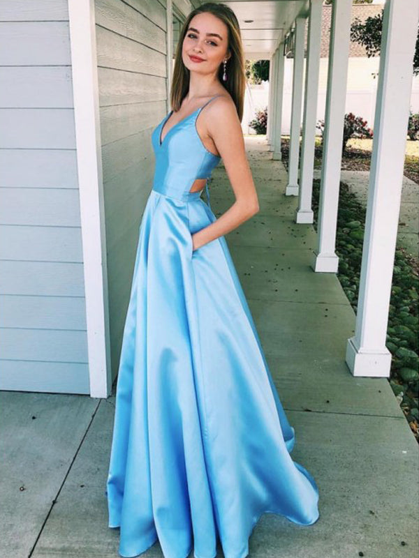 Blue Satin Sleeveless V-neck Lace Up Back A-line Senior Prom Dresses, DaintyBridal Blue Satin Sleeveless V-neck Lace Up Back A-line Senior Prom Dresses, DaintyBridal