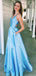 Blue Satin Sleeveless V-neck Lace Up Back A-line Senior Prom Dresses, DB1107