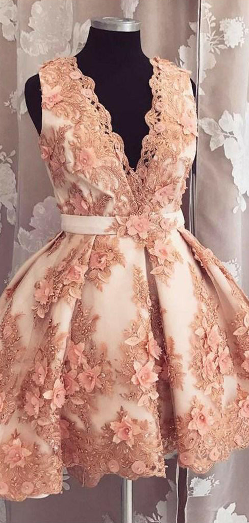 Blush Pink 3D Lace Applique V-neck Gorgeous Homecoming Dresses,BD0194