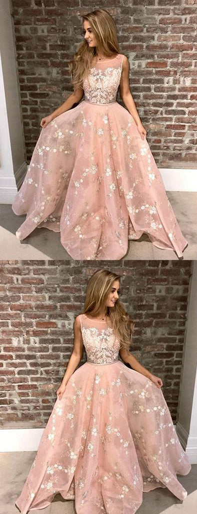 Blush Pink Lace A-line Prom Dresses,DB1079