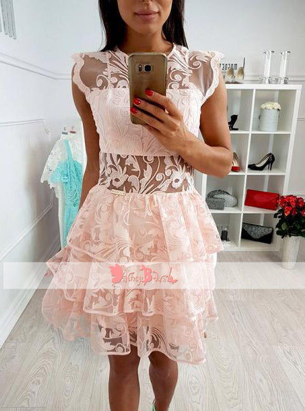 Blush Pink Lace See Through Tulle Tiered Bottom Homecoming Dresses ,BD0156