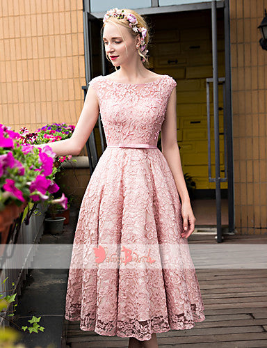 Blush Pink Lace With Beads Cap Sleeve Lace Up Back Homecoming Dresses,BD0166