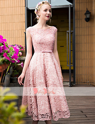 Blush Pink Lace With Beads Cap Sleeve Lace Up Back Homecoming Dresses,BD0166