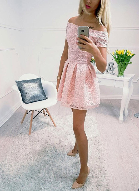Blush Pink Off Shoulder Lace Homecoming Dresses,BD0172