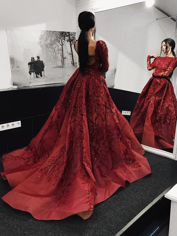 Burgundy Long Sleeve Shiny Lace Beading Ball Gown Prom Dresses, DB1102