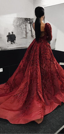 Burgundy Long Sleeve Shiny Lace Beading Ball Gown Prom Dresses, DB1102