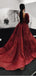 Burgundy Long Sleeve Shiny Lace Beading Ball Gown Prom Dresses, DB1102