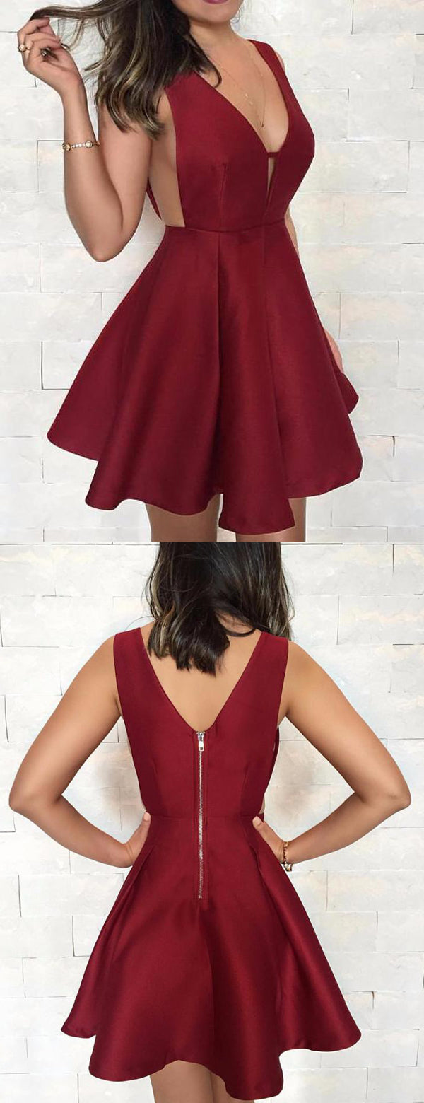 Burgundy Satin V-neck V-back Fashion For Teens Homecoming Dresses,BD01 DaintyBridal Burgundy Satin V-neck V-back Fashion For Teens Homecoming Dresses,BD01 DaintyBridal