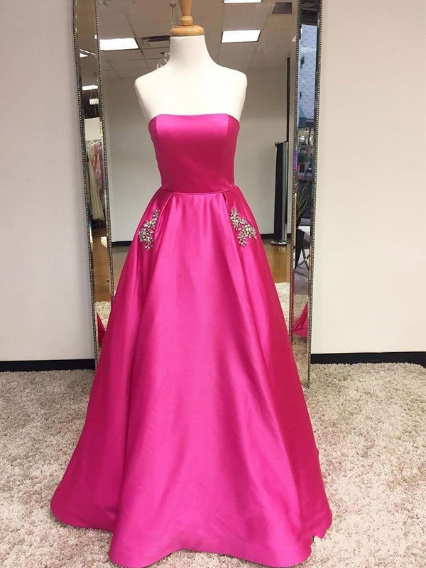 Cerise Pink Satin Beaded Pockets Strapless Ball Gown Sweet-16 Prom Dresses, DB1126