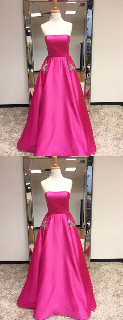 Cerise Pink Satin Beaded Pockets Strapless Ball Gown Sweet-16 Prom Dresses, DB1126