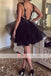 Charming Black Appliques Tulle V-neck Backless Party Homecoming Dresses,BD0161