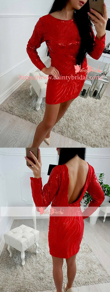 Charming Red Short Tight Backless Sparkly Cocktail Homecoming Dresses With Long Sleeves,BD0160