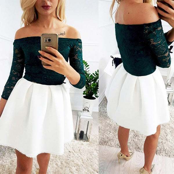 Dark Green Lace Top Ivory Satin Off Shoulder Simple Homecoming Dresses ,BD0063