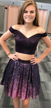 Deep Purple Two Piece Off Shoulder Ombre Sequin Homecoming Dresses,BD0178