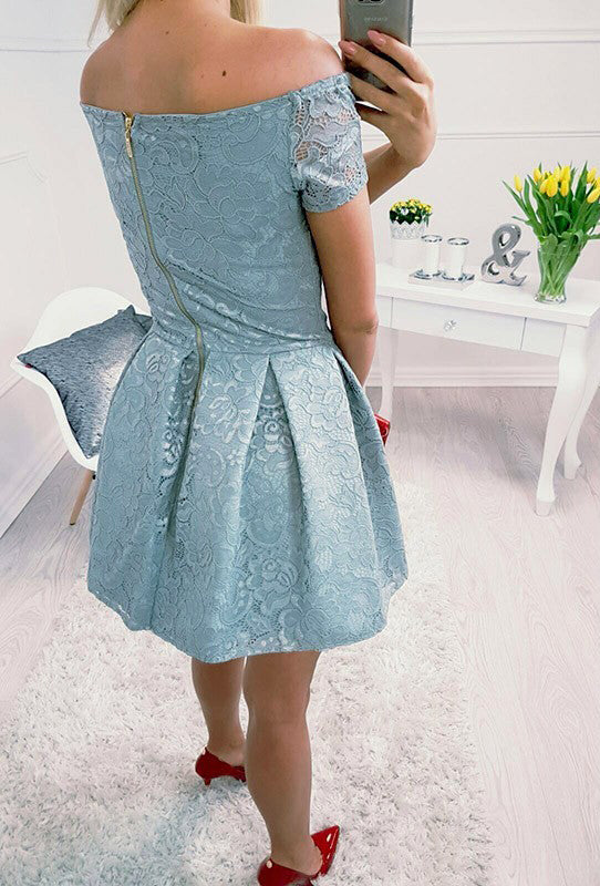 Dusty Blue Off Shoulder Lace Homecoming Dresses,BD0171