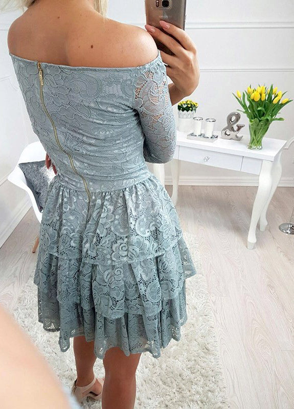 Dusty Green Off Shoulder Lace Tiered With Sleeve Homecoming Dresses,BD0174