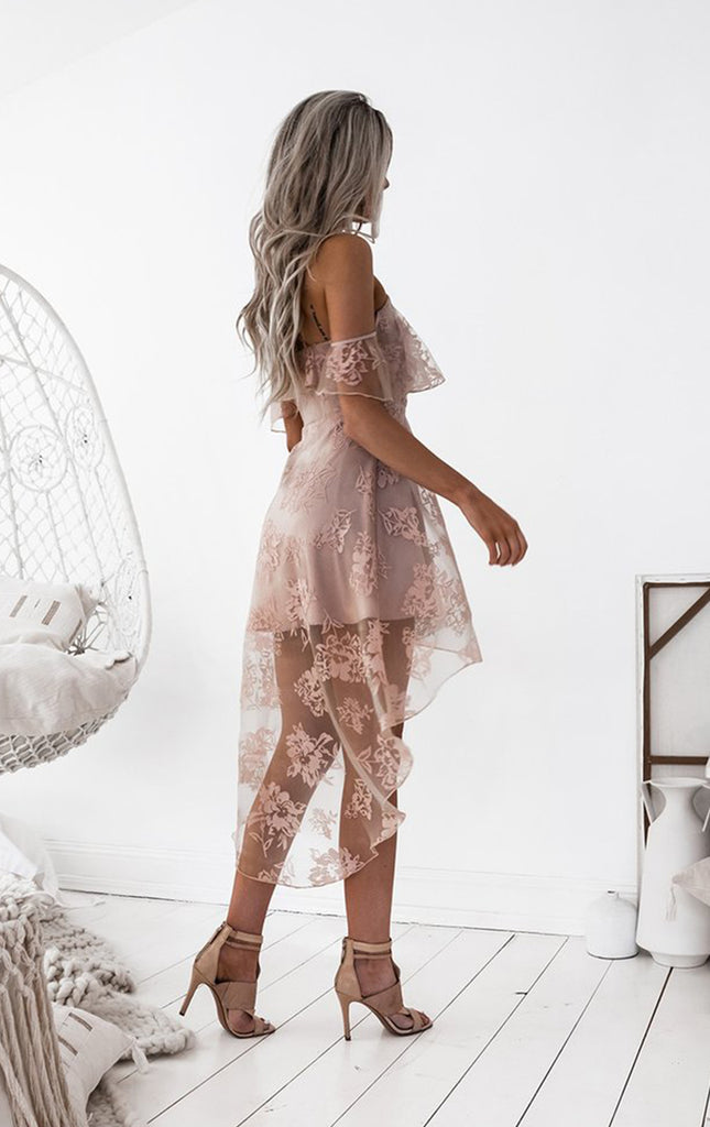 Dusty Pink Lace High Low Spaghetti Straps Homecoming Dresses,BD0170