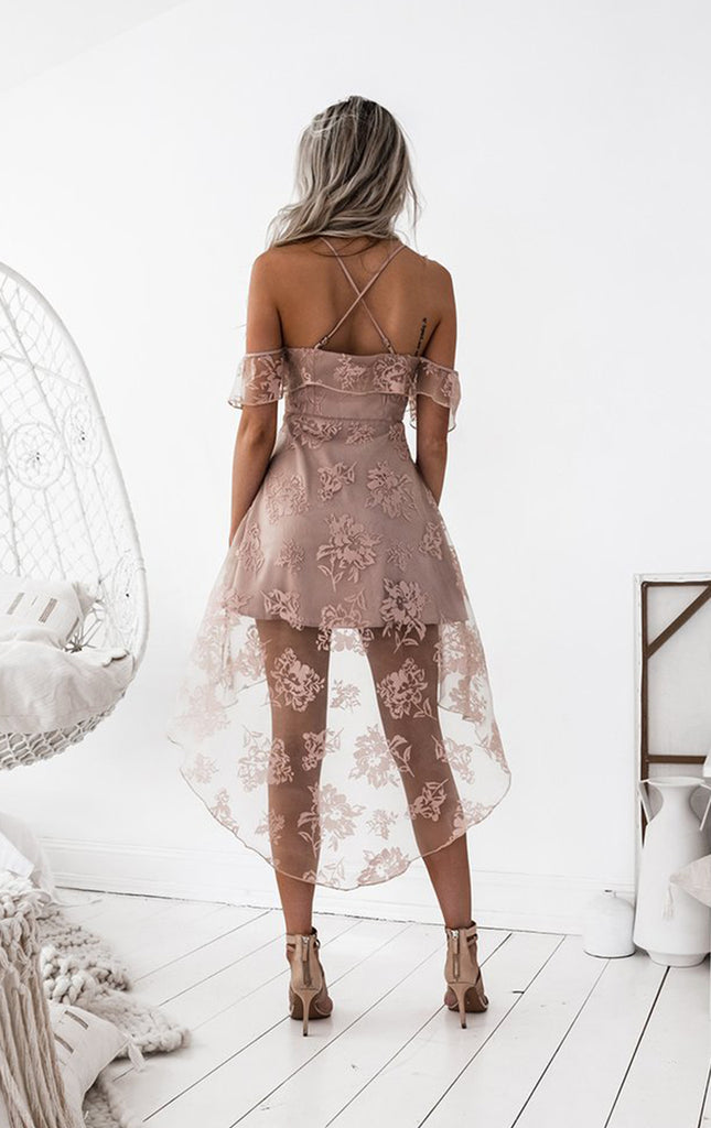 Dusty Pink Lace High Low Spaghetti Straps Homecoming Dresses,BD0170
