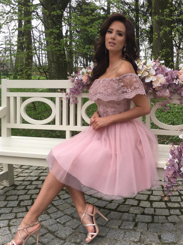 Dusty Pink Tulle Lace Off Shoulder Homecoming Dresses,BD0208 DaintyBridal Dusty Pink Tulle Lace Off Shoulder Homecoming Dresses,BD0208 DaintyBridal