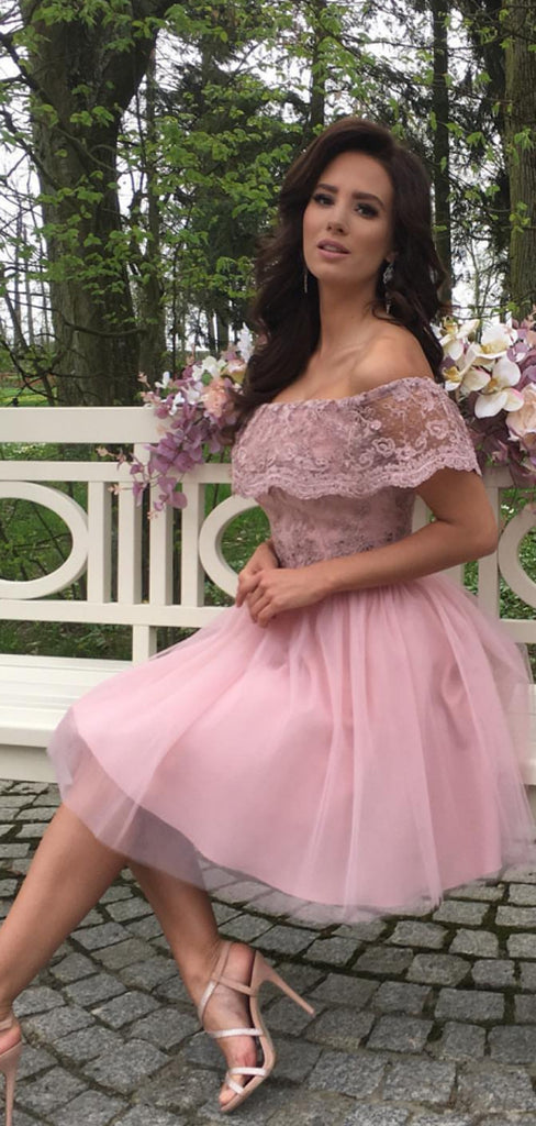 Dusty Pink Tulle Lace Off Shoulder Homecoming Dresses,BD0208