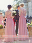 Dusty Rose Lace Top Chiffon See Through Neck Long A-line Bridesmaid Dresses,DB113