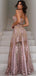 Dutsy Pink See Through Lace Spaghetti Strap A-line Prom Dresses, DB1115