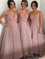 Elegant Deep V-Neck Floor Length Satin A-Line Bridesmaid Dress.DB10017