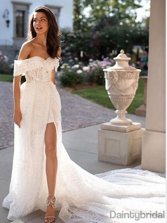 Elegant Off-shoulder Side Slit Lace With Appliques Wedding Dresses With Sweep Train.DB10138