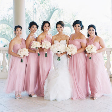 Elegant Pink Tulle Mismatched Long A-line Bridesmaid Dresses, WG64