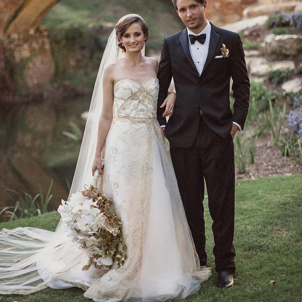 Gold Lace Off White Tulle Sweetheart Strapless A-line Wedding Dresses, DaintyBridal Gold Lace Off White Tulle Sweetheart Strapless A-line Wedding Dresses, DaintyBridal