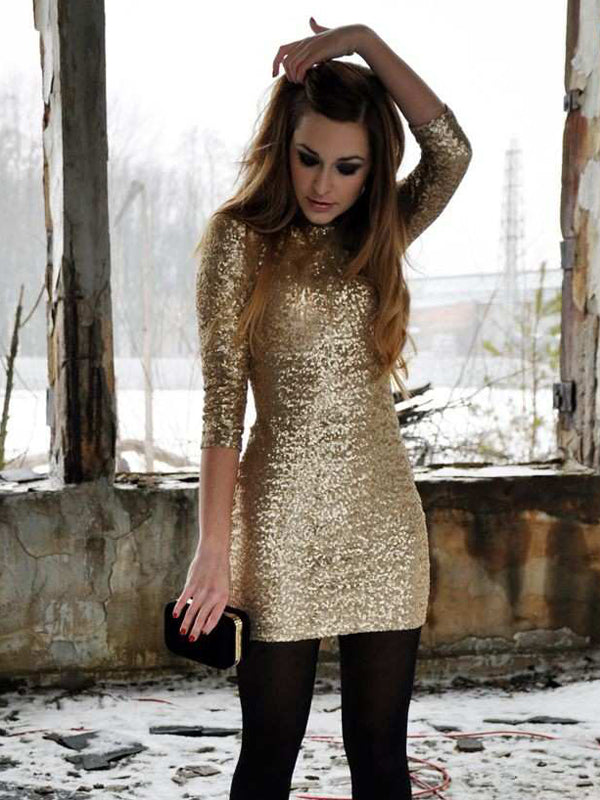 Gold Sequin Half Sleeve Tight Sheath Homecoming Dresses,BD0211