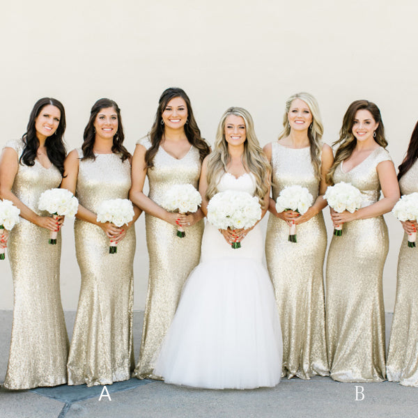 Gold Sequin Mismatched Cap Sleeve Cheap Long Bridesmaid Dresses, WG01 DaintyBridal Gold Sequin Mismatched Cap Sleeve Cheap Long Bridesmaid Dresses, WG01 DaintyBridal