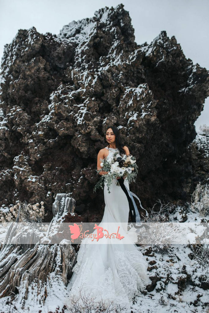 Gorgeous Lace Top Mermaid Sleeveless Elegant Wedding Dresses With Train, DB0136