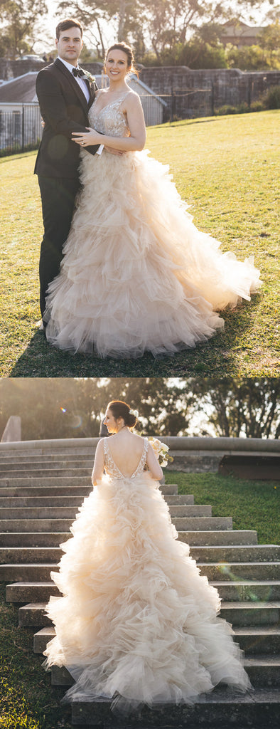 Gorgeous Lace V-neck Ruffles Tulle Ball Gown Wedding Dresses,DB0163