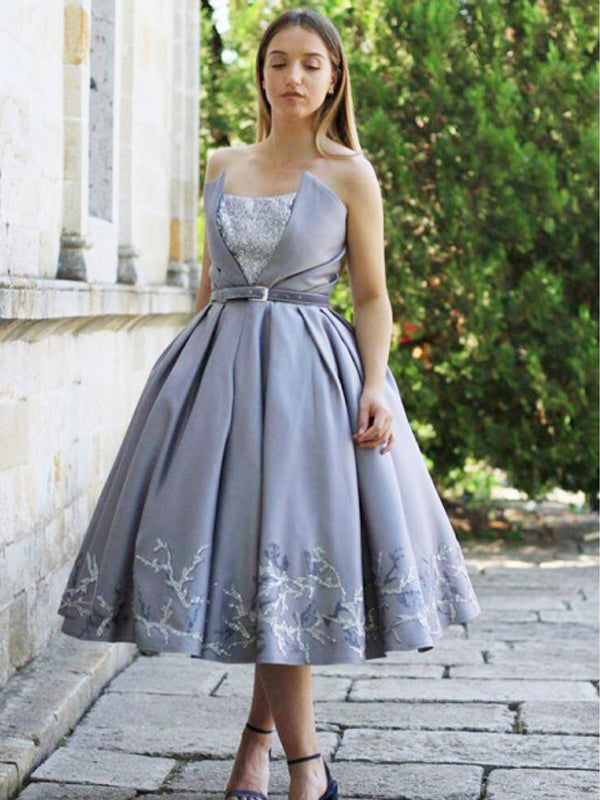 Grey Satin Appliques Strapless Ball Gown Knee Length Homecoming Dresse DaintyBridal Grey Satin Appliques Strapless Ball Gown Knee Length Homecoming Dresse DaintyBridal