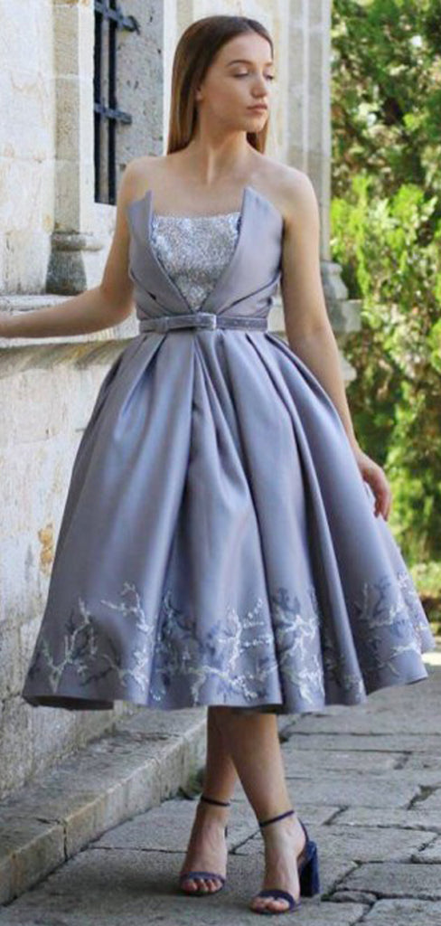 Grey Satin Appliques Strapless Ball Gown Knee Length Homecoming Dresses,BD0190
