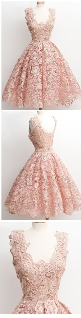 Peach Lace Scoop Neckline Short Cute homecoming dresses, CM0009