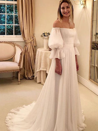 Ivory Chiffon Off Shoulder A-line Boho Beach Wedding Dresses,DB0159