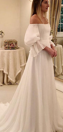 Ivory Chiffon Off Shoulder A-line Boho Beach Wedding Dresses,DB0159