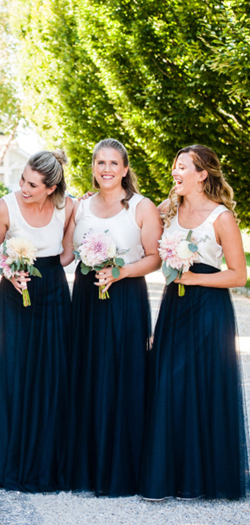 Ivory Jersy Top Navy Tulle Scoop Neck A-line Bridesmaid Dresses,DB143