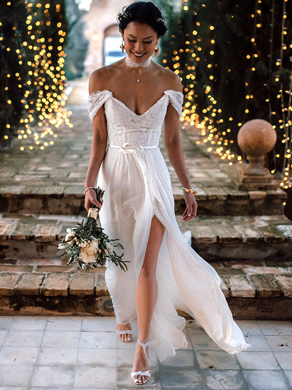 Ivory Lace Chiffon Off Shoulder V-neck Slip Beach Wedding Dresses,DB01 –  DaintyBridal