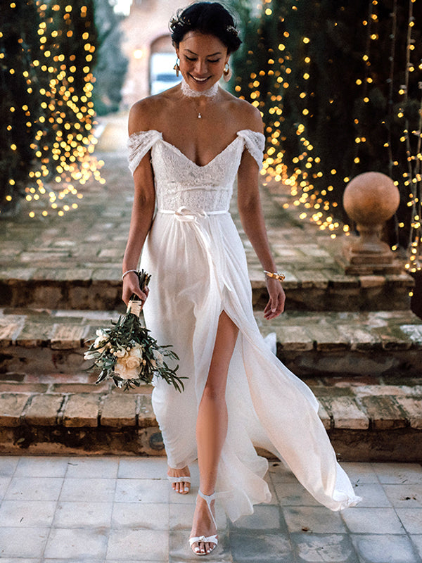 Ivory Lace Chiffon Off Shoulder V-neck Slip Beach Wedding Dresses,DB01 DaintyBridal Ivory Lace Chiffon Off Shoulder V-neck Slip Beach Wedding Dresses,DB01 DaintyBridal