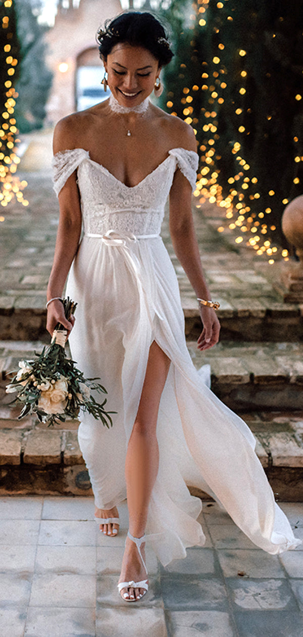 Ivory Lace Chiffon Off Shoulder V-neck Slip Beach Wedding Dresses,DB01 DaintyBridal Ivory Lace Chiffon Off Shoulder V-neck Slip Beach Wedding Dresses,DB01 DaintyBridal