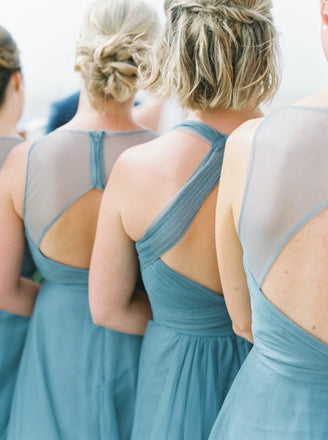 Jade Tulle V-neck Sleeveless Open Back Mismatched Long Bridesmaid Dresses, WG19