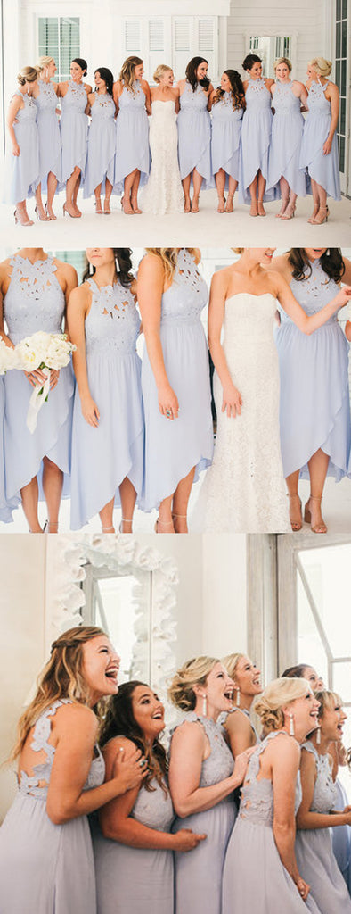 Lavender Lace Chiffon High Low Open Back Bridesmaid Dresses,DB140