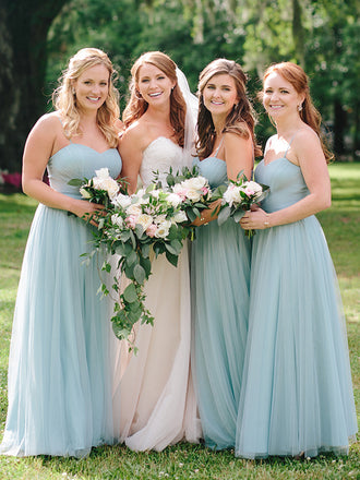 Light Blue Tulle Sweetheart Spaghetti Strap A-line Bridesmaid Dresses ,DB137